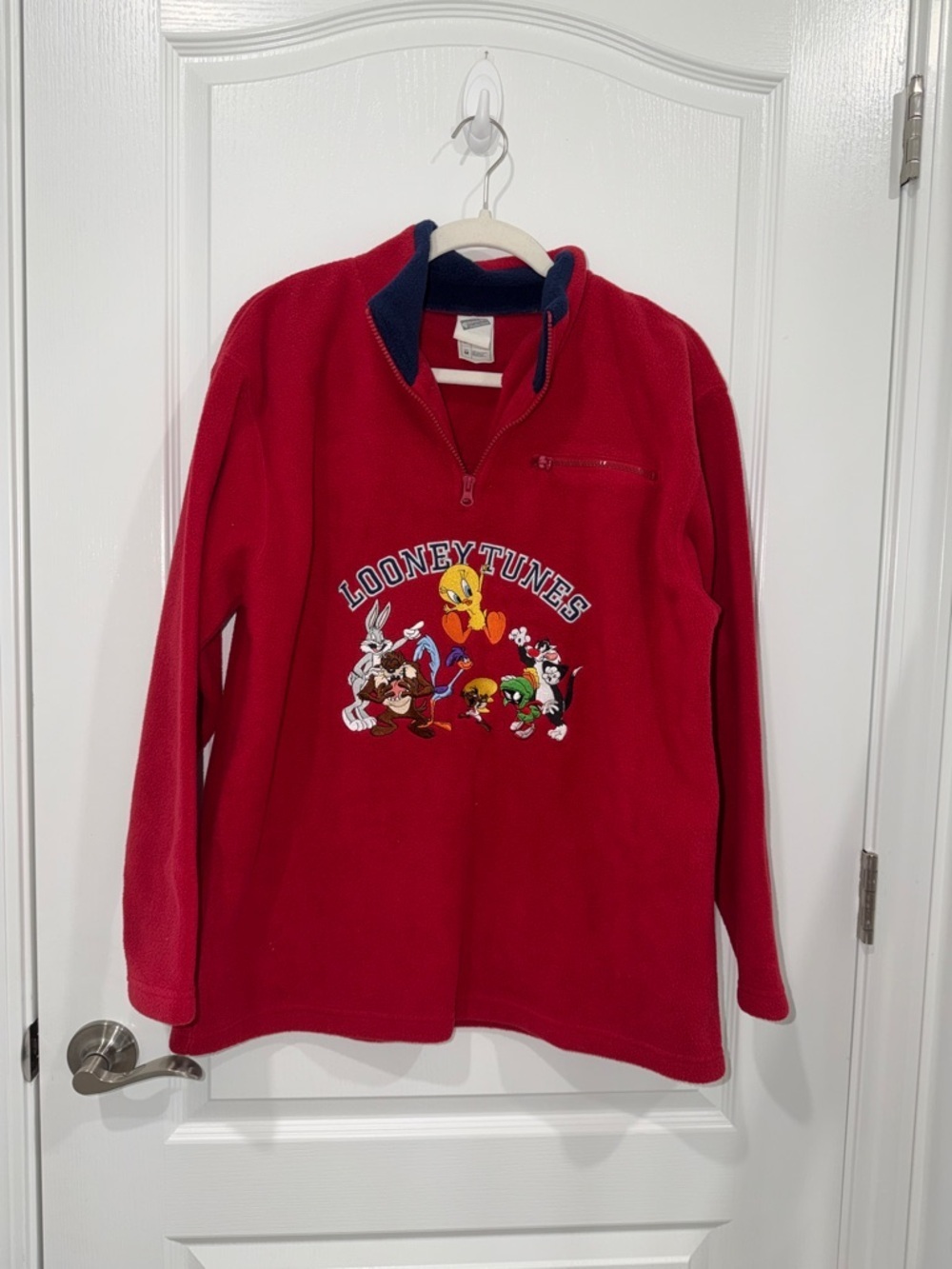 Vtg WARNER BROS Studio Store WB Looney Tunes Quarter Zip Fleece Sweatshirt M Red
